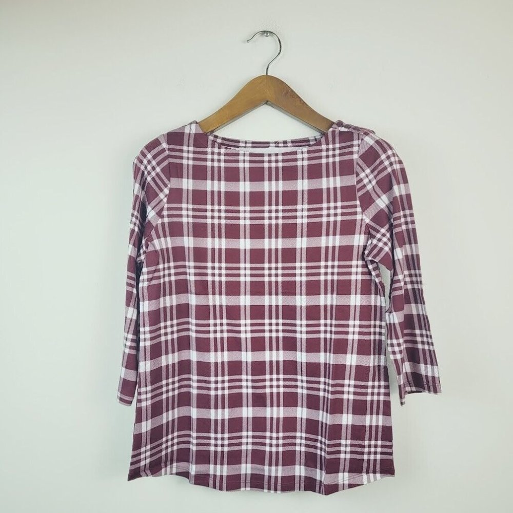 Charter Club Womens Medium Harvest Wine Cotton Plaid 3/4 Sleeve Top NWT I33